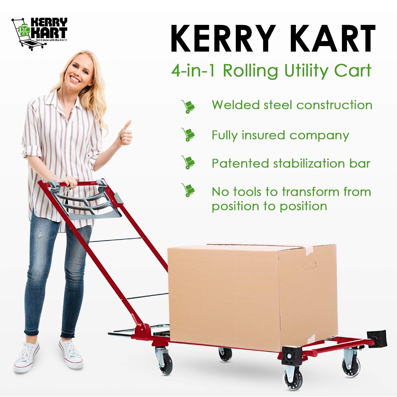 Kerry Kart 4-in-1 Rolling Utility Cart, Trolley and Moving Dolly with Folding 3-Step Ladder – Move Boxes, Furniture and Appliances with 1 Foldable Cart and Step Stool (Red)