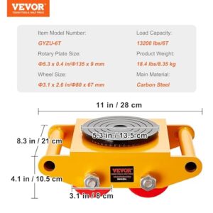 VEVOR Industrial Machinery Mover, 6T/13200lbs Machinery Moving Skate with 360°Rotation Cap and 4 PU Wheels, Heavy Duty Dolly Skates for Moving Equipment