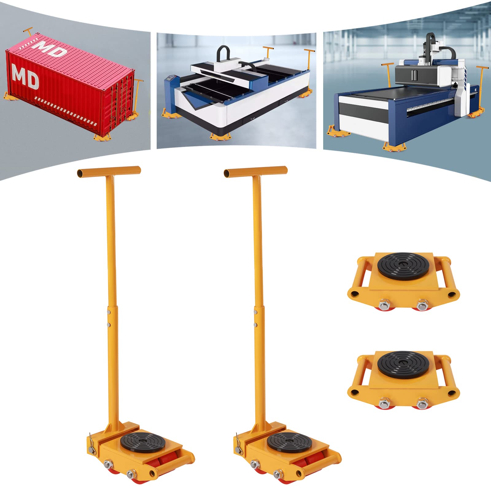 4pcs Machinery Mover with 2pcs Handle, 6T Machinery Skate Dolly, 13200lbs Machinery Moving Skate w/ 360° Rotation Cap and 4 Rollers, Heavy Duty Industrial Moving Equipment, Yellow