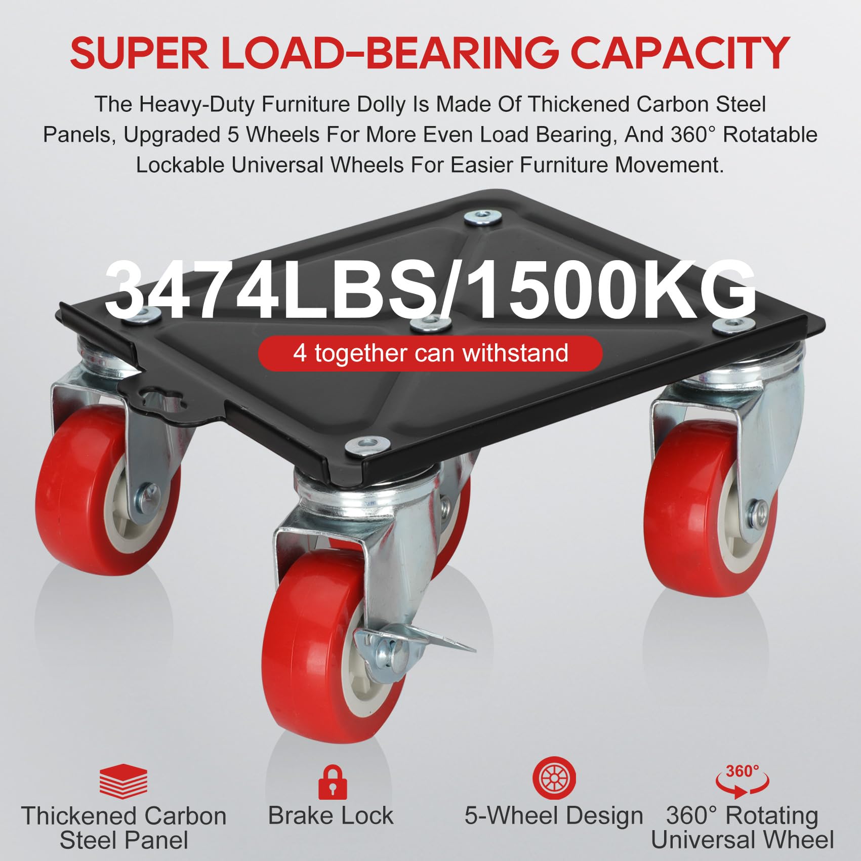 Upgrade Large Furniture Dolly 5 Wheels Heavy Duty, Furniture Movers Sliders Carbon Steel Panel, Five Free Locking 360° Rotating Rubber Universal Wheels,Maximum Load 3474LBS