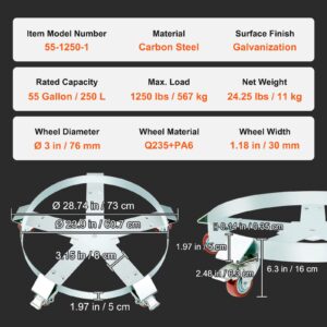 VEVOR 55 Gallon Heavy Duty Drum Dolly, 1250lbs Load Capacity, Barrel Dolly Cart Drum Caddy, Non Tipping Hand Truck Capacity Dollies with Steel Frame 5 Swivel Casters Wheel, for Warehouse Drum Handling