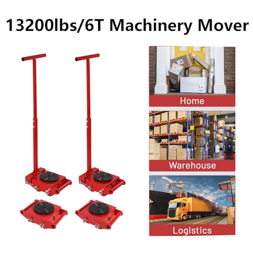 TFCFL 4pcs Machinery Mover 2 Steering Handle 6T Machinery Skate Dolly 13200lbs Machinery Moving Skate with 360°Rotation Disc and 4 Rollers Heavy Duty Industrial Moving Equipment Red