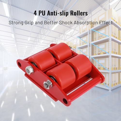 TFCFL 4pcs Machinery Mover 2 Steering Handle 6T Machinery Skate Dolly 13200lbs Machinery Moving Skate with 360°Rotation Disc and 4 Rollers Heavy Duty Industrial Moving Equipment Red