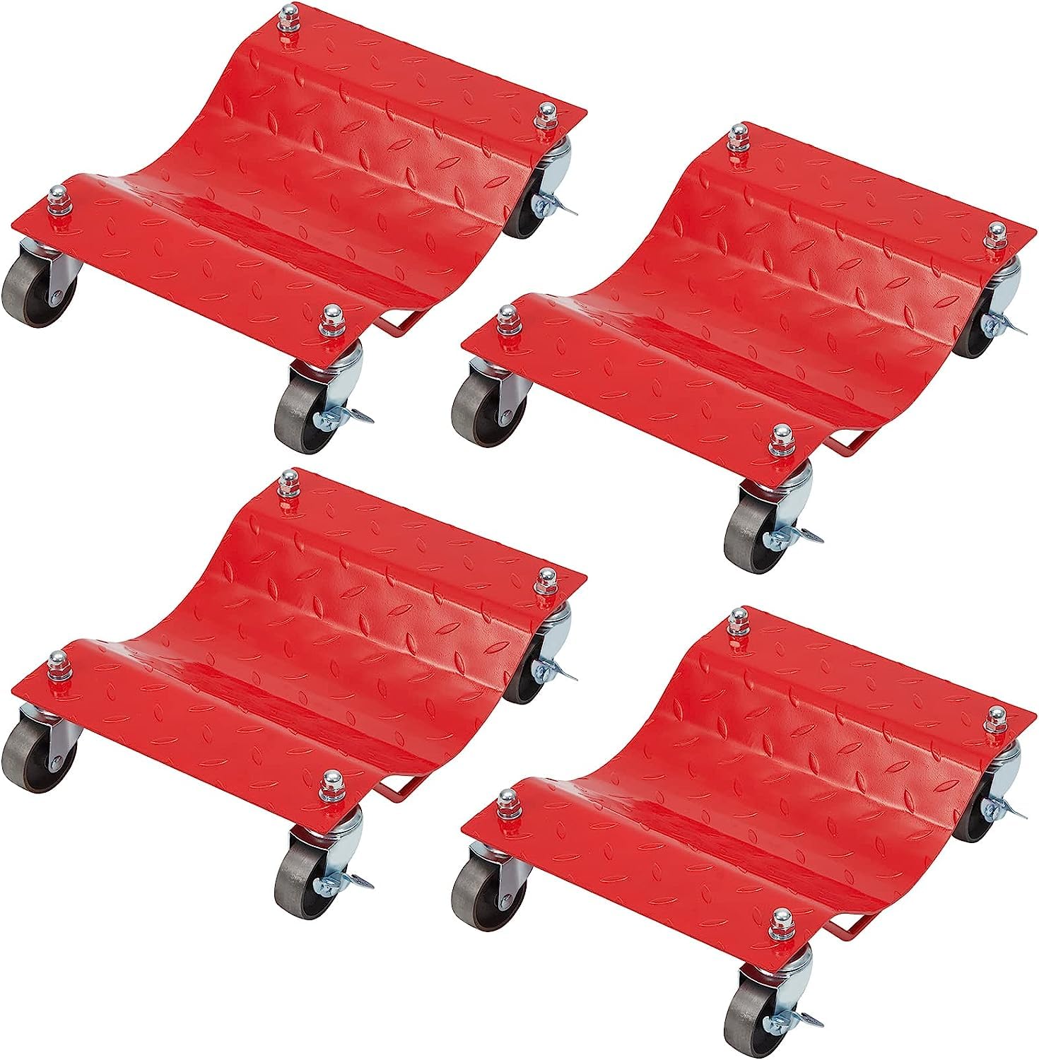 4-Pack Heavy Duty Tire Skates, Premium Car Dolly with 360 Degree Ball Bearing Wheels, 12" x 16" Non-Slip Rubber Surface, 1500 lbs per Skate Capacity Red