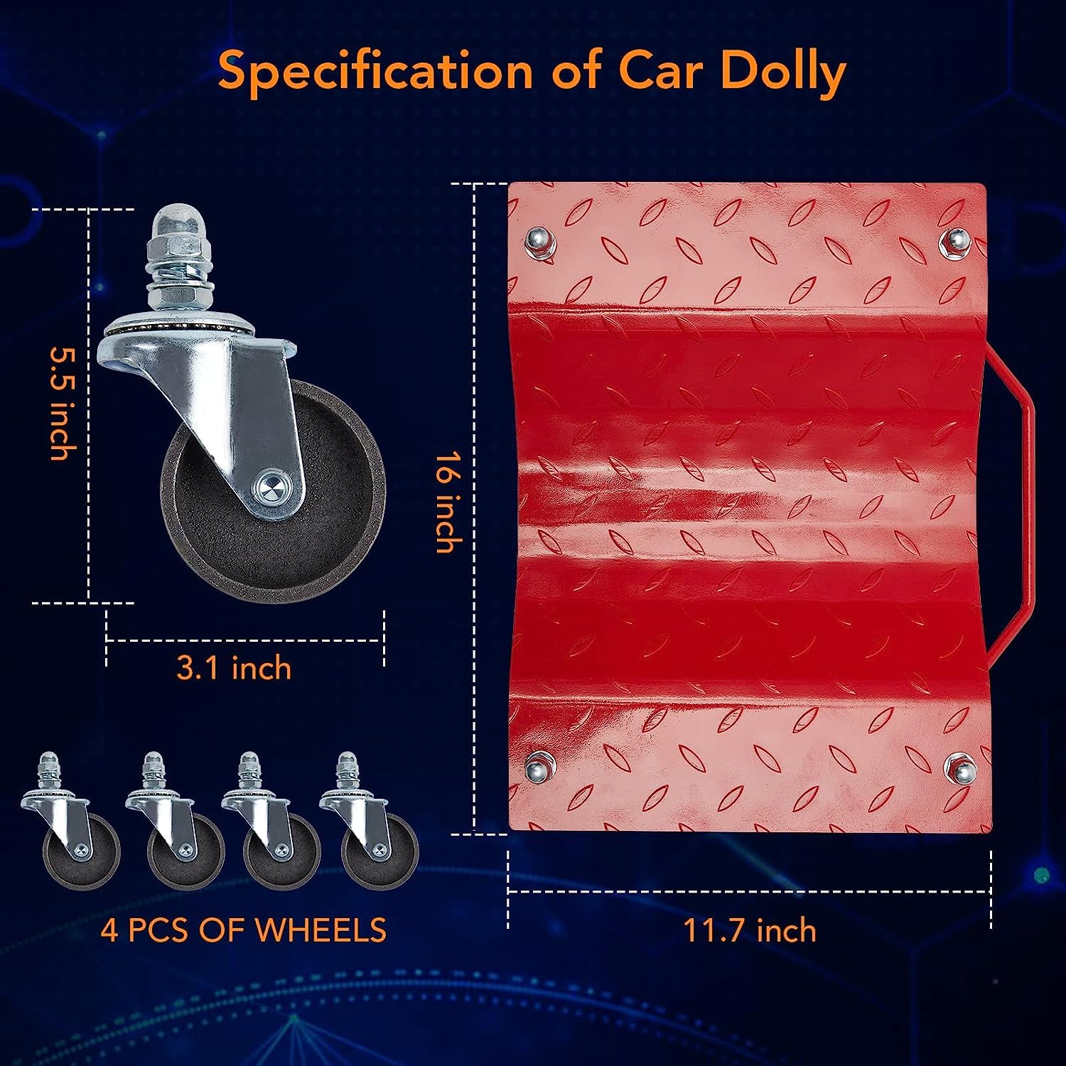 4-Pack Heavy Duty Tire Skates, Premium Car Dolly with 360 Degree Ball Bearing Wheels, 12" x 16" Non-Slip Rubber Surface, 1500 lbs per Skate Capacity Red