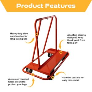 biosp Drywall Sheet Cart 1800LBS Load Capacity Drywall Cart Panel Dolly with 4 Swivel Wheels Handling Wall Panel Sheetrock Wood Panel Heavy Duty Casters Rolling Dolly for Garage Home Warehouse