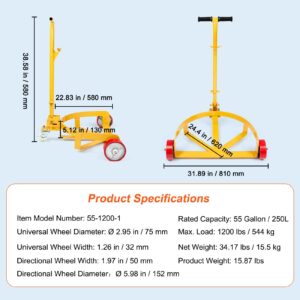 VEVOR 55 Gallon Drum Dolly, Low Profile Barrel Dolly Cart Oil Drum Caddy Round Dolly, 1200 lbs Load Capacity, Heavy Duty Steel Drum Dolly with Adjustable Handle for Workshop Factory Warehouse