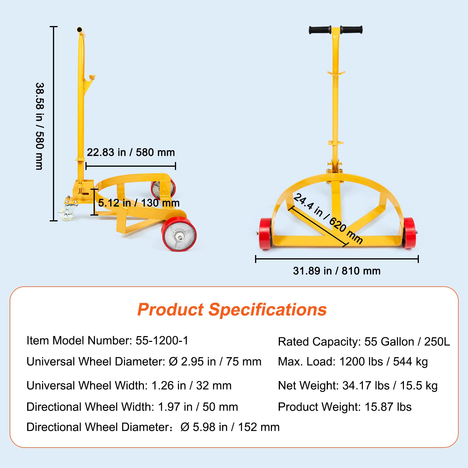 VEVOR 55 Gallon Drum Dolly, Low Profile Barrel Dolly Cart Oil Drum Caddy Round Dolly, 1200 lbs Load Capacity, Heavy Duty Steel Drum Dolly with Adjustable Handle for Workshop Factory Warehouse