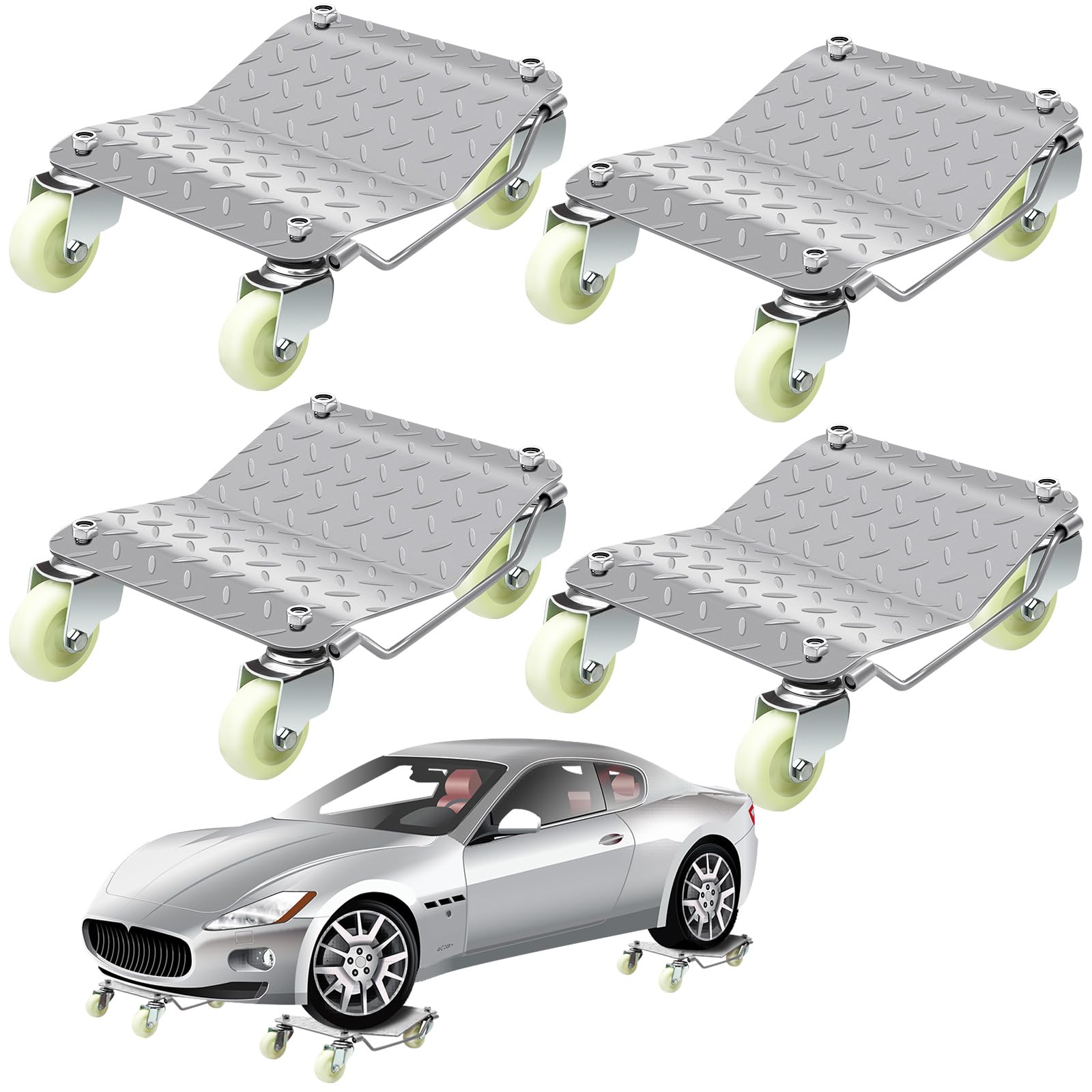 Datanly Set of 4 Car Dolly, Heavy Duty Wheel Dolly Car Stakes, Steel 6000 Lbs Capacity Auto Vehicle Moving Dolly with 360 Degree Wheels for Vehicle Storage Furniture Mover Trailer, 16" x 13"(Silver)