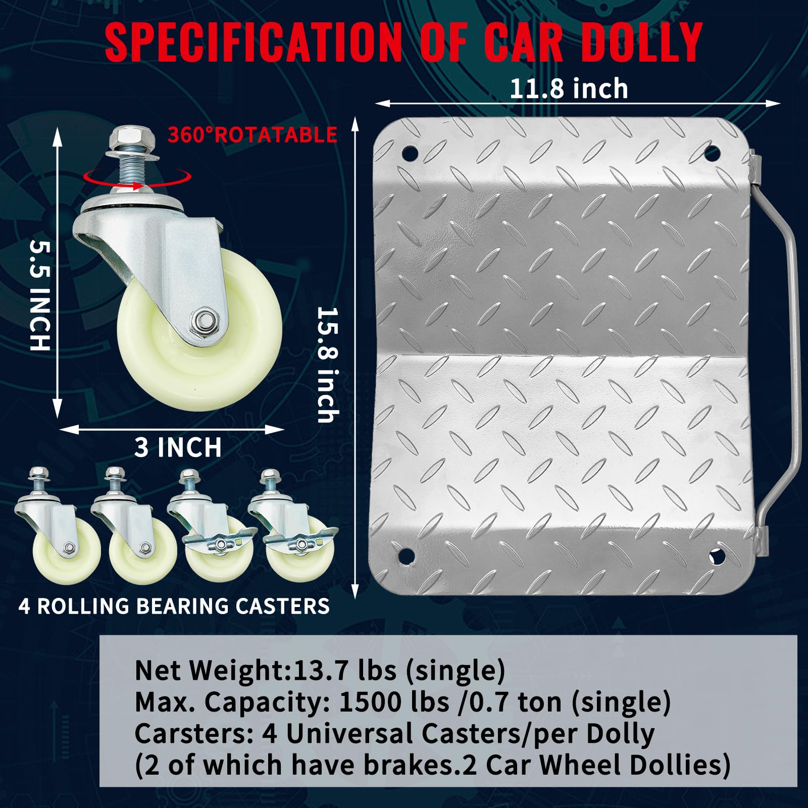 Datanly Set of 4 Car Dolly, Heavy Duty Wheel Dolly Car Stakes, Steel 6000 Lbs Capacity Auto Vehicle Moving Dolly with 360 Degree Wheels for Vehicle Storage Furniture Mover Trailer, 16" x 13"(Silver)