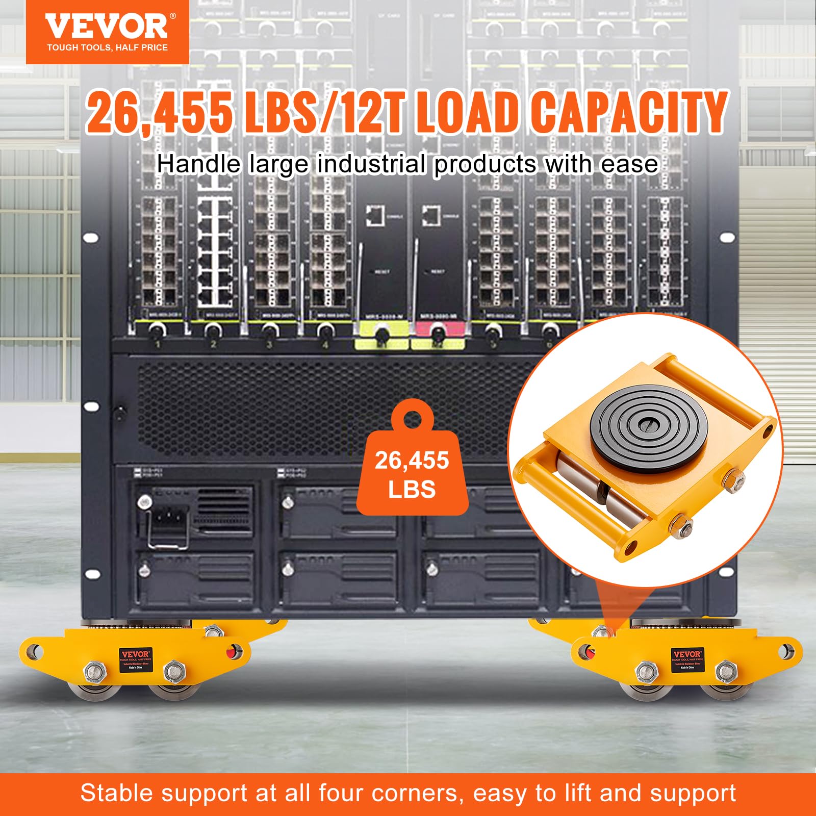 VEVOR 4PCS Machinery Skate Dolly, 26455LBS/12T Industrial Machinery Mover, Heavy Duty Carbon Steel Machinery Moving Skate & 4 Carbon Steel Wheels and 360° Rotation Non-Slip Cap for Warehouse, Factory