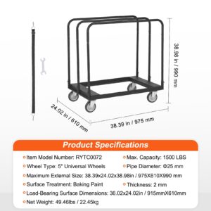 VEVOR Drywall Cart, 1500 LBS Panel Dolly Cart with 36.02" x 24.02" Deck and 5" Swivel Wheels, Heavy-Duty Drywall Sheet Cart, Handling Wall Panel, Sheetrock, Lumber, for Garage, Home, Warehouse Black