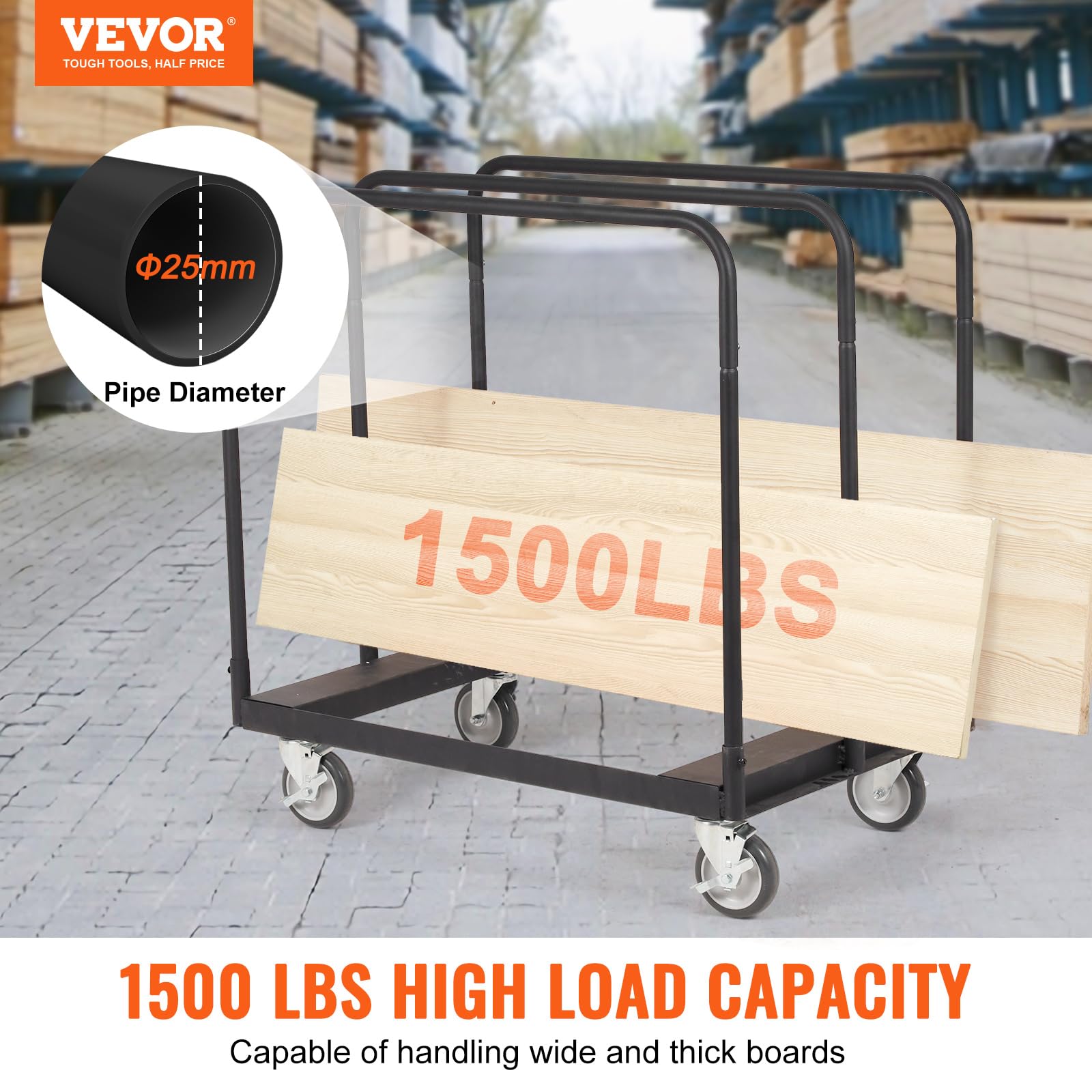 VEVOR Drywall Cart, 1500 LBS Panel Dolly Cart with 36.02" x 24.02" Deck and 5" Swivel Wheels, Heavy-Duty Drywall Sheet Cart, Handling Wall Panel, Sheetrock, Lumber, for Garage, Home, Warehouse Black