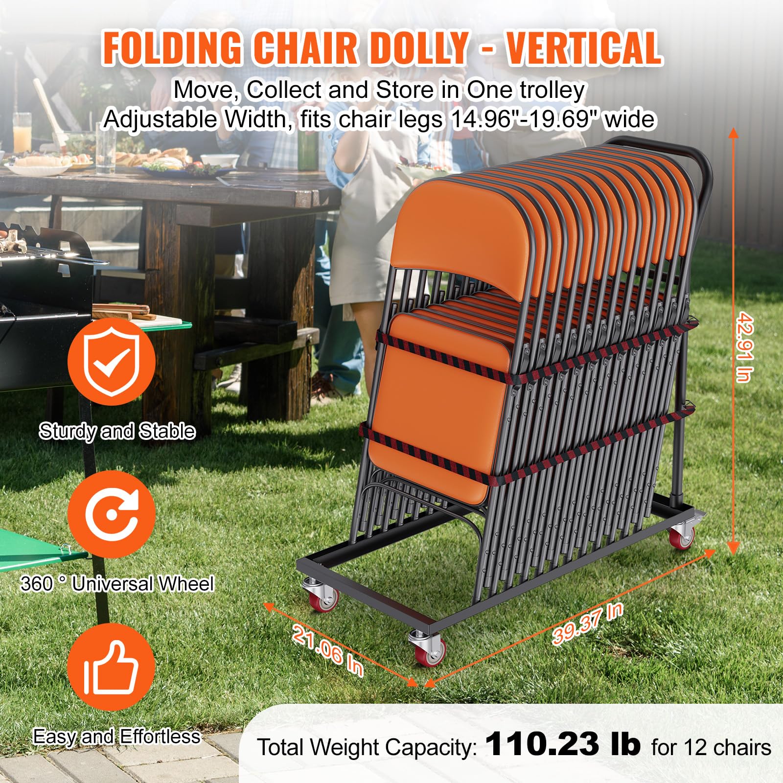 VEVOR Folding Chair Dolly, 39"L x 21"W x 42.9"H L-Shaped Steel Vertical Storage Cart, Multi-Function Chair Cart with 4 Casters 12 Chairs Capacity for Flat Stacking Plastic Resin & Wood Chairs, Black