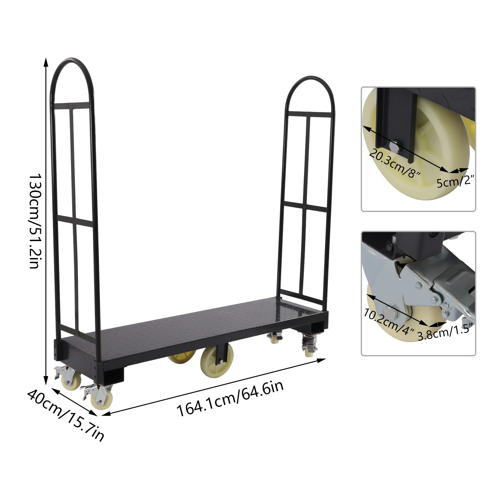 Heavy Duty Narrow Aisle U-Boat Platform Truck Dolly,64.6X 15.7 Inch U-Boat Steel Cart 2000lbs Capacity U-Boat Cart Steel with 6 Casters,Removable Handles