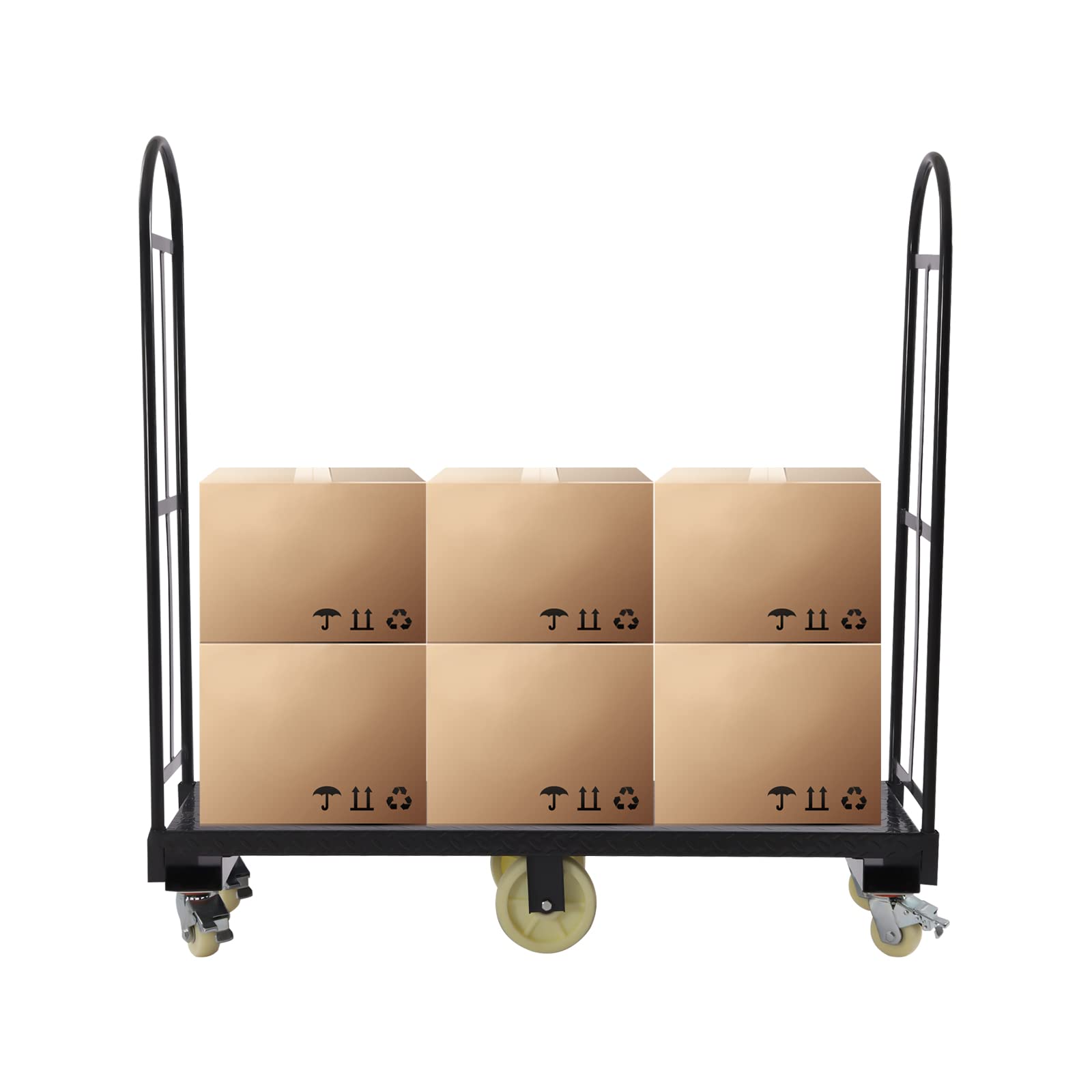 Heavy Duty Narrow Aisle U-Boat Platform Truck Dolly,64.6X 15.7 Inch U-Boat Steel Cart 2000lbs Capacity U-Boat Cart Steel with 6 Casters,Removable Handles