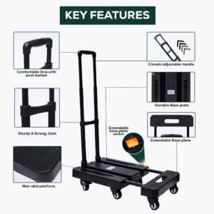 Fablyours Folding Hand Truck Dolly Cart, 500LB Heavy Duty Foldable Cart with 6 Wheels, Including 2 Rear Brake Wheels & 2 Elastic Ropes, Portable Dolly for Moving utility Luggage Travel/Home/Office Use