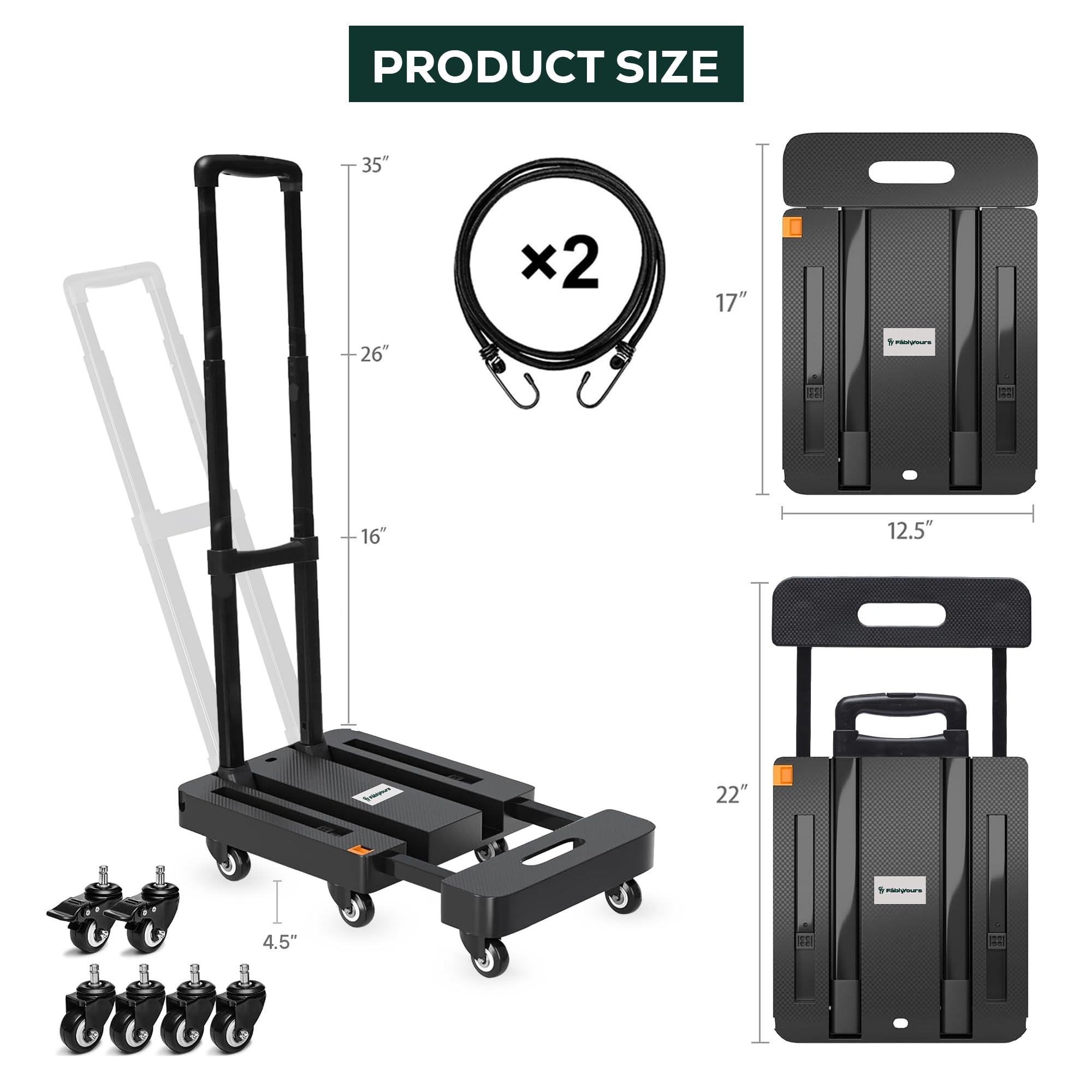 Fablyours Folding Hand Truck Dolly Cart, 500LB Heavy Duty Foldable Cart with 6 Wheels, Including 2 Rear Brake Wheels & 2 Elastic Ropes, Portable Dolly for Moving utility Luggage Travel/Home/Office Use