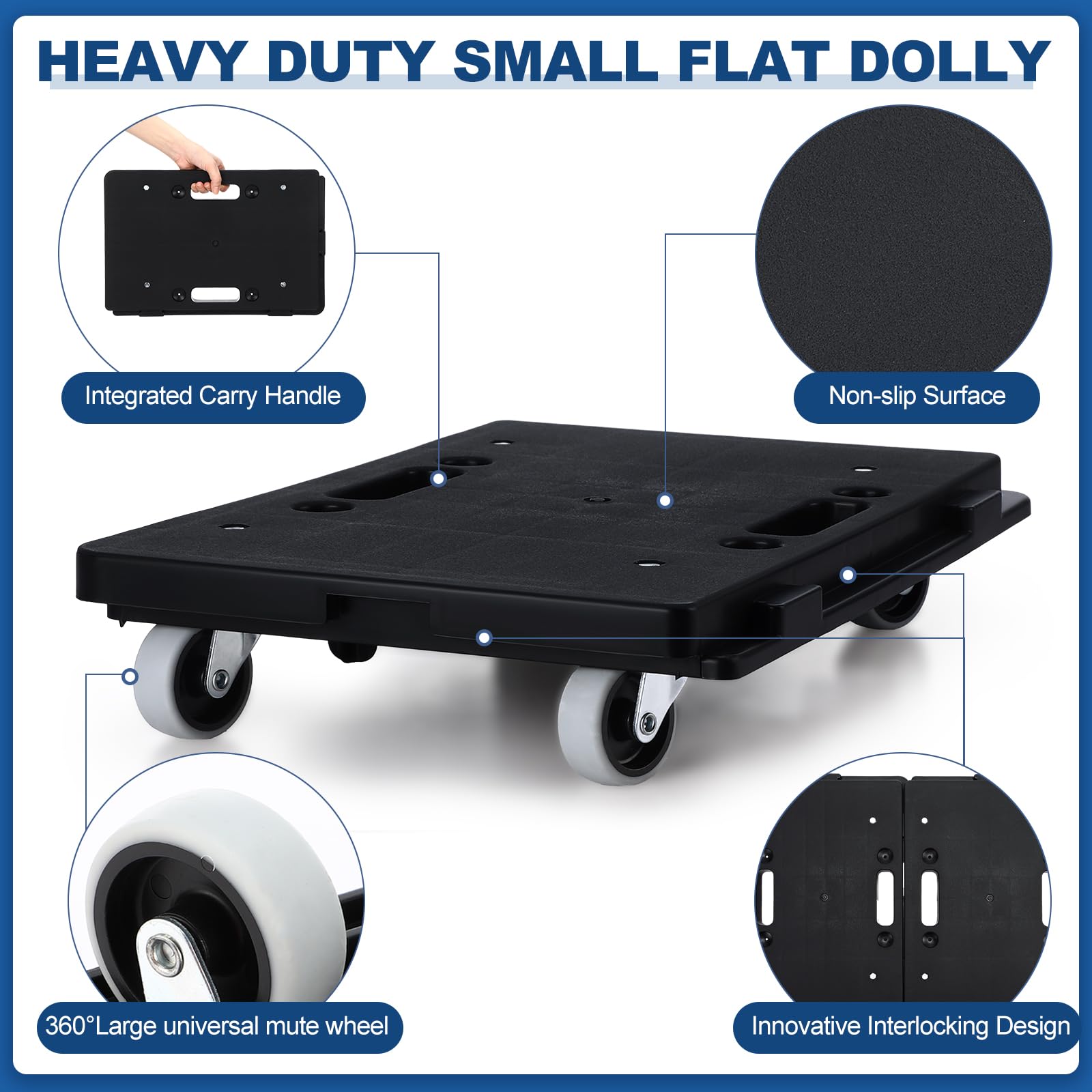 Datanly 3 Pack Furniture Dolly Moving Dolly Connectable Furniture Movers 16.3 x 11.4 Inch 500 Lbs Capacity Each Count 4 Wheels Heavy Duty Small Flat Dolly Cart Portable Dollies with Wheels, Black