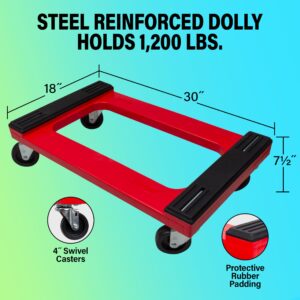 Akro-Mils RMD3018RC4PAR Plastic 4-Wheel Furniture Dolly with Steel-Reinforced Frame and 4-Inch 4-Way Swivel Casters, 1200 Lbs Capacity, 18-Inch x 30-Inch, Red