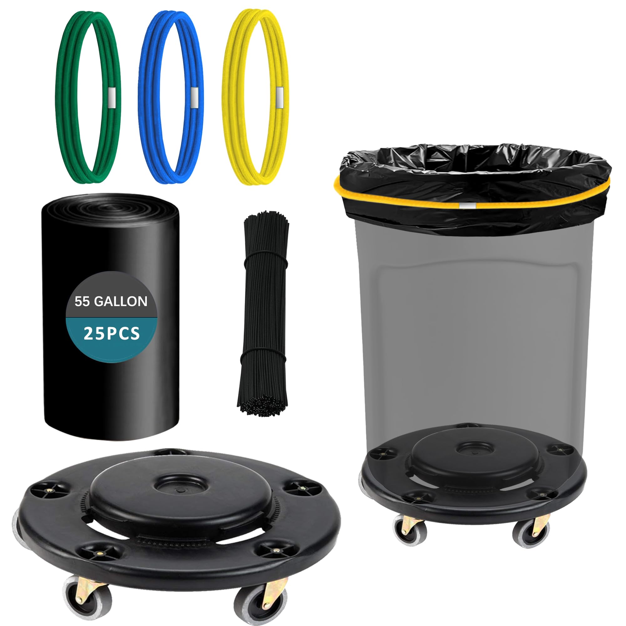 AngeLvet Trash Can Dolly Compatible with Brute Trash Can 55 Gallon 1.5 Mil Trash Bags 50 Bags with Ties and Rubber Bands | Heavy-Duty | 5 Caster | 500 Lb Capacity | 18 inch Black