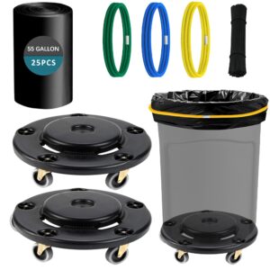 angelvet commercial 5 caster trash can dollies compatible with brute trash can 55 gallon 1.5 mil trash bags 25 bags with ties and rubber bands | heavy-duty | 500 lb capacity (pack of 2)