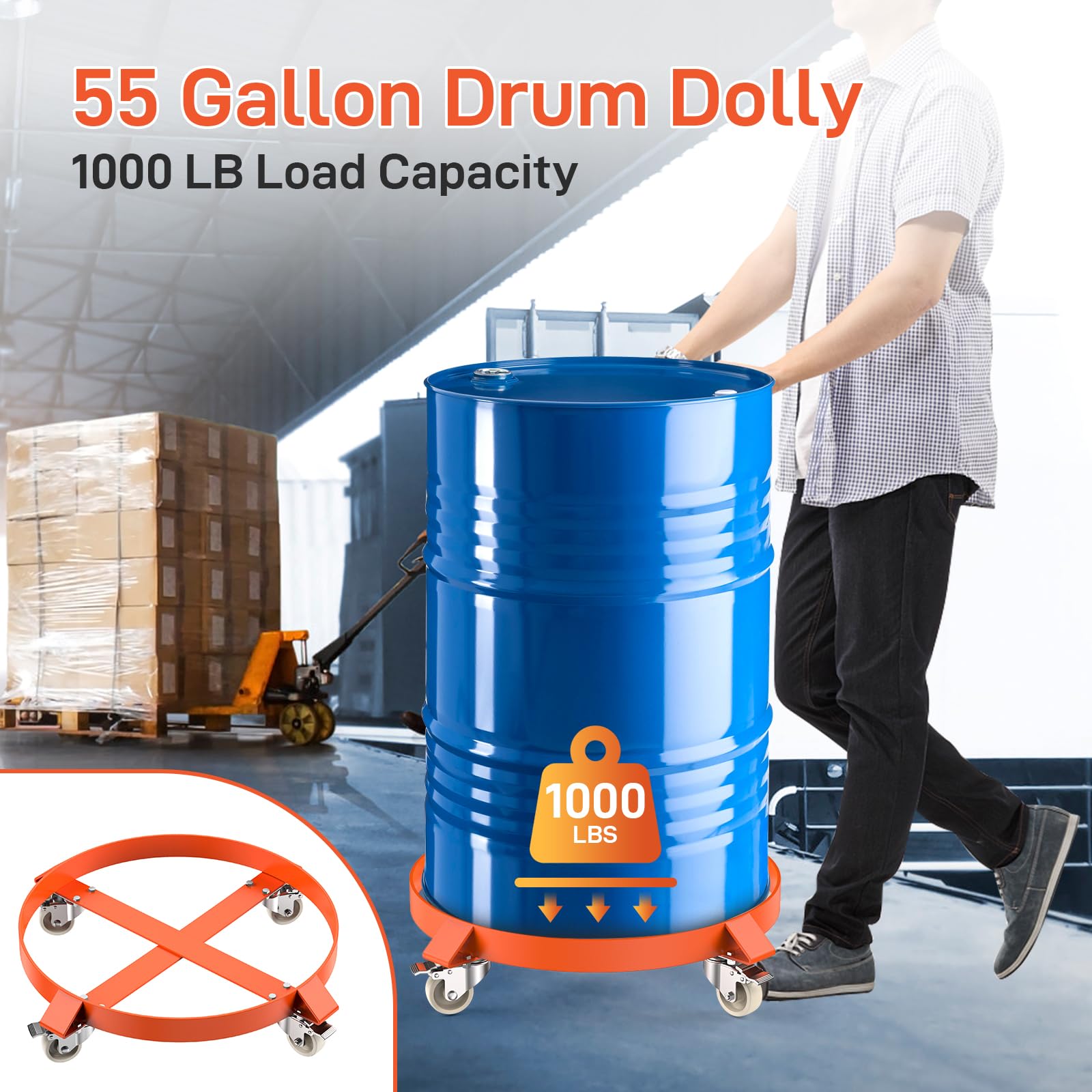 55 Gallon Drum Dolly, Heavy Duty Barrel Dolly with 4 Caster Wheels, 1000 LBS Capacity Trash Can Dolly Non-tipping Hand, Orange Steel Frame Dolly