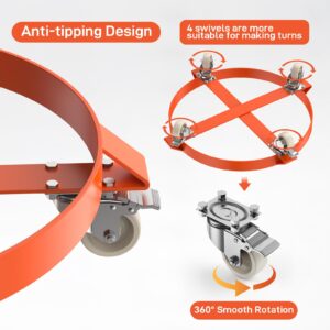 55 Gallon Drum Dolly, Heavy Duty Barrel Dolly with 4 Caster Wheels, 1000 LBS Capacity Trash Can Dolly Non-tipping Hand, Orange Steel Frame Dolly