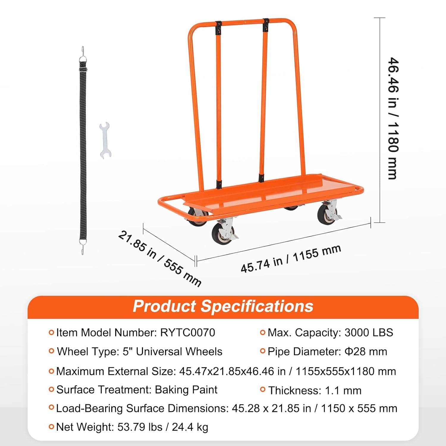 VEVOR Drywall Cart, 3000 LBS Panel Dolly Cart with 45.28" x 21.8" Deck and 5" Swivel Wheels, Heavy-Duty Drywall Sheet Cart, Handling Wall Panel, Sheetrock, Lumber, for Garage, Home, Warehouse