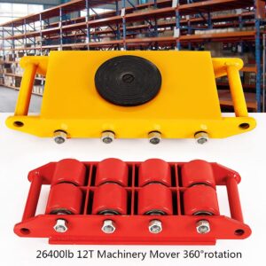 CNCEST 12T Industrial Machinery Mover, 4 PCS Carbon Steel Machinery Moving Skate with 8 PU Rollers and 360° Rotation Non-Slip Cap, Machinery Skate Dolly for Warehouse Factory, Yellow