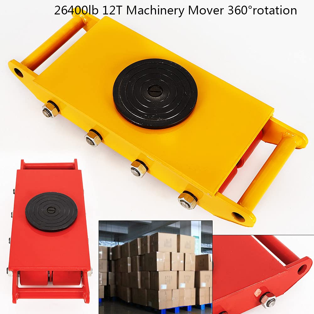 CNCEST 12T Industrial Machinery Mover, 4 PCS Carbon Steel Machinery Moving Skate with 8 PU Rollers and 360° Rotation Non-Slip Cap, Machinery Skate Dolly for Warehouse Factory, Yellow