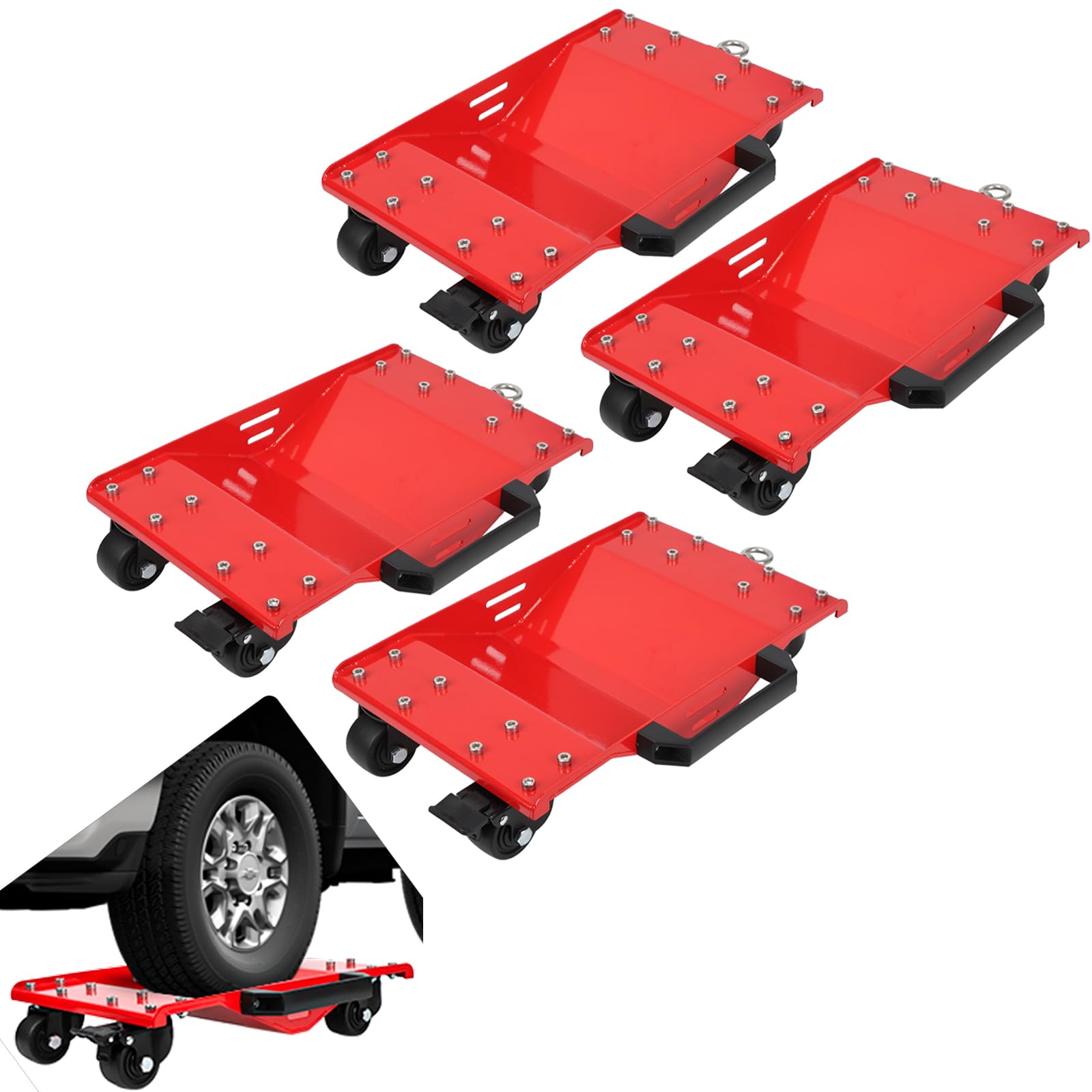 WHIZMIA Car Dolly Set of 4, 8000LBS Capacity Car Dolly, Car Dollies with Tow Hooks, Wheel Dolly Set of 4 with Thickened Handles & Sidebar, Car Wheel Dolly with Security Lock for Moving Vehicles