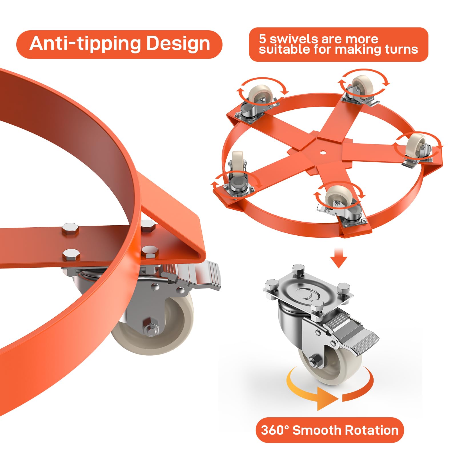 GAOMON 1250 LBS Capacity Drum Dolly, 55 Gallon Barrel Dolly with 5 Caster Wheels, Trash Can Dolly Non-tipping Hand, Orange Steel Frame Dolly