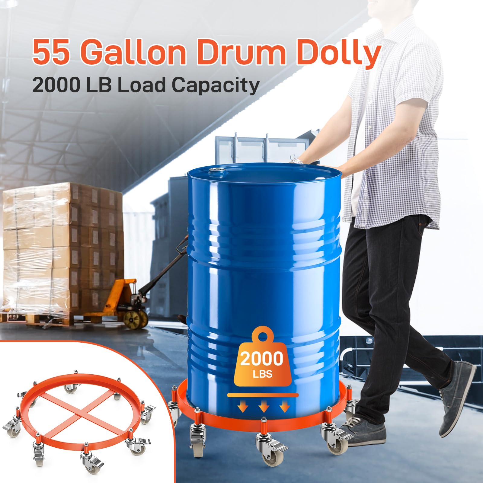 GAOMON 55 Gallon Drum and Barrel Dolly, 2000 LBS Capacity Dolly with 8 Caster Wheels, Trash Can Dolly Non-tipping Hand, Orange Steel Frame Dolly