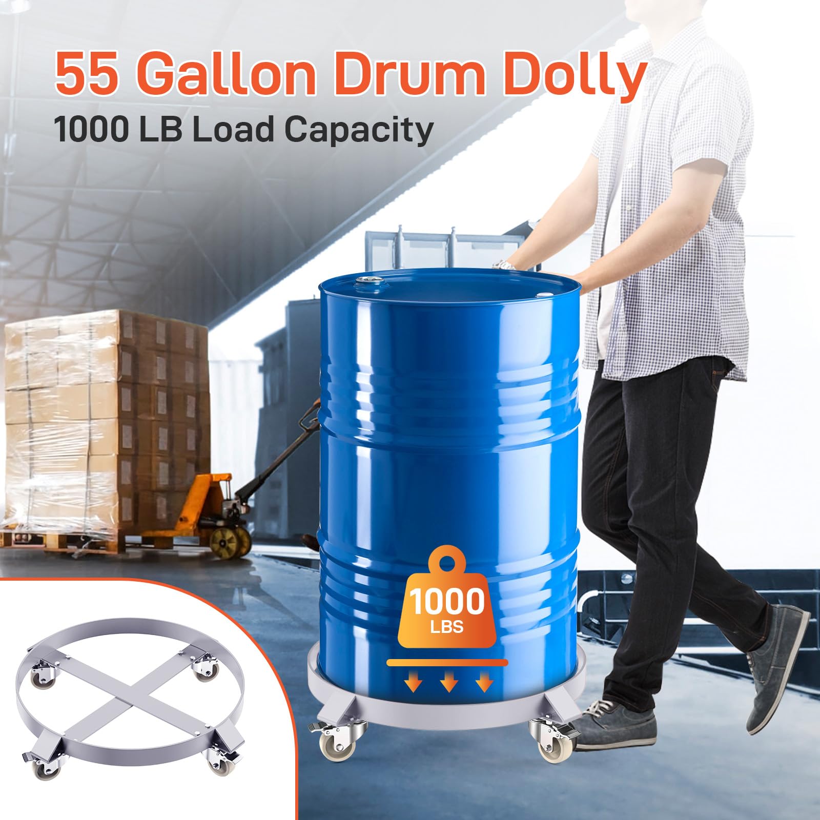 55 Gallon Drum Dolly,2 PCS Heavy Duty Steel 1000 Pound 55 Gallon Barrel Dolly Pack with Cross Braces and 4 Swivel Casters Wheels,Steel Frame Dolly Non Tipping Hand Truck Dollies (2 Pack)