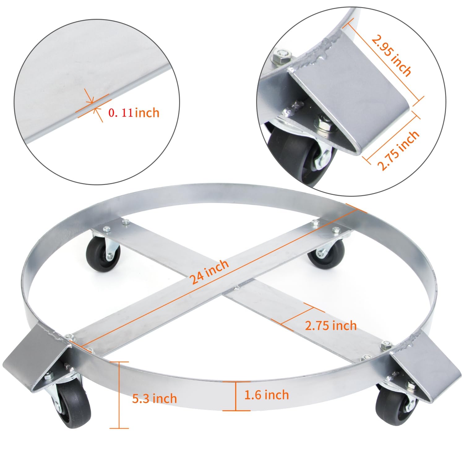 Rocktric Heavy Duty Drum Dolly 1000 Pound 2 Pack - Trash Can Dolly 55 Gallon Swivel Casters Wheel Steel Frame Dolly Cart Non Tipping Hand Truck Capacity Dollies, Silver, 016493892