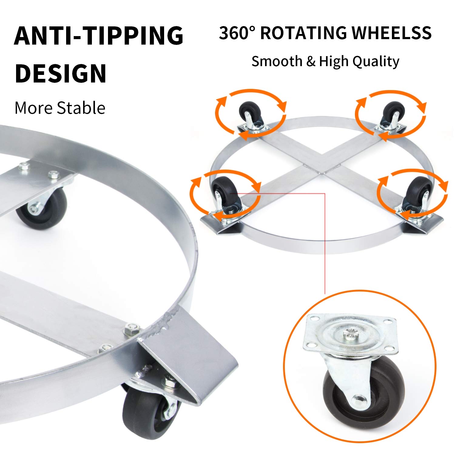 Rocktric Heavy Duty Drum Dolly 1000 Pound 2 Pack - Trash Can Dolly 55 Gallon Swivel Casters Wheel Steel Frame Dolly Cart Non Tipping Hand Truck Capacity Dollies, Silver, 016493892