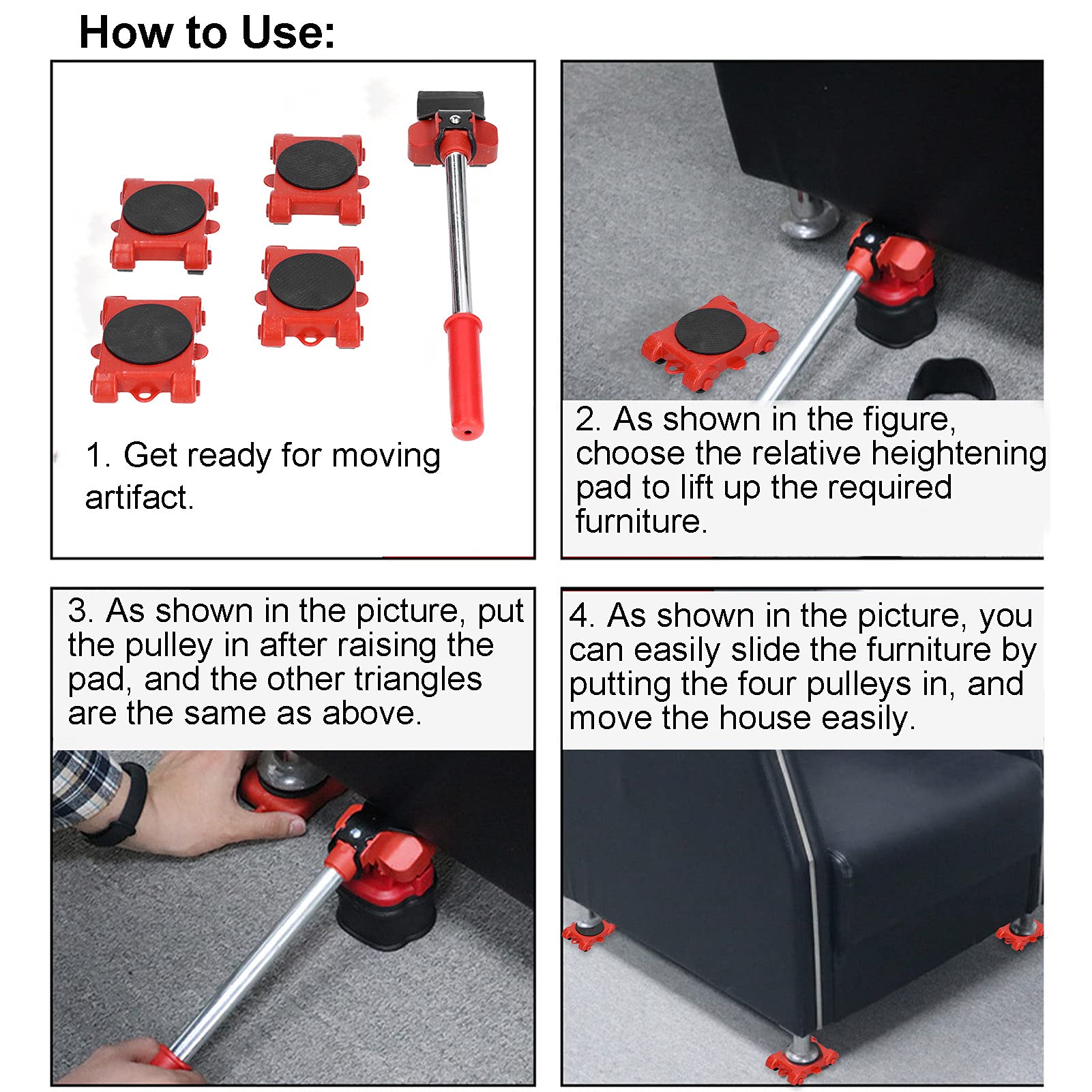 Furniture Moving Lifter, 5Pcs Furniture Moving Lifter Adjustable Height Multifunctional Heavy Duty Handling Tool Base 150 kg