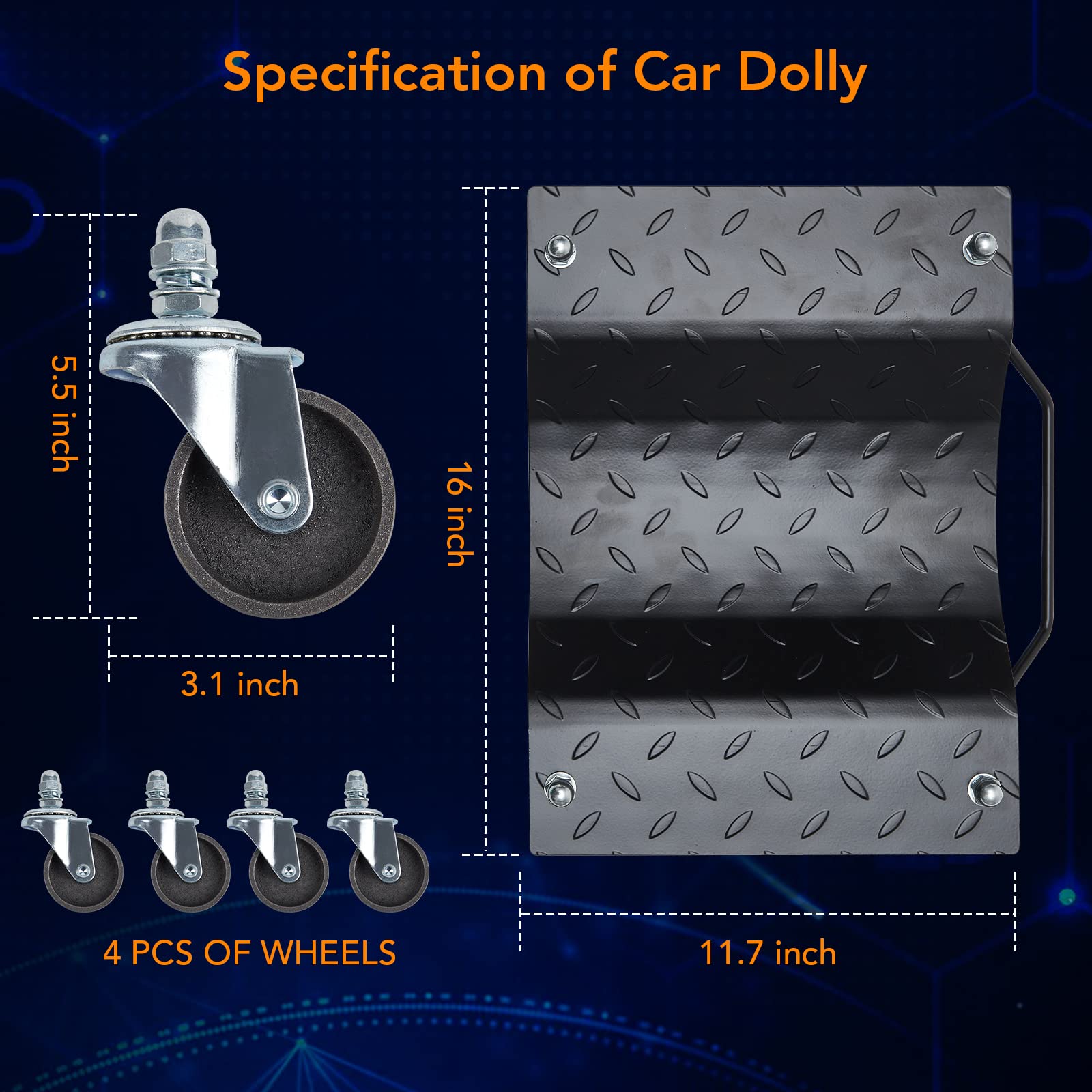 Car Dolly 4 Pack, Towallmark Wheel Car Dolly Tire Skates Premium Skates Moving Car Easy, Total 6000lbs High Load Bearing, Antiskid Plate Design, All-Direction Rotatable Wheel, 12’’x16’’, Black