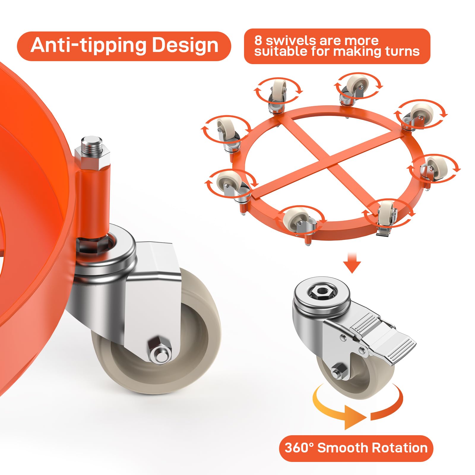 DEXSO 55 Gallon Drum Dolly, 2000 LBS Capacity Heavy Duty Drum Dolly with 8 Caster Wheels, Trash Can Dolly Non-tipping Hand, Orange Steel Frame Barrel Dolly