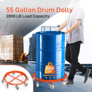 DEXSO 55 Gallon Drum Dolly, 2000 LBS Capacity Heavy Duty Drum Dolly with 8 Caster Wheels, Trash Can Dolly Non-tipping Hand, Orange Steel Frame Barrel Dolly