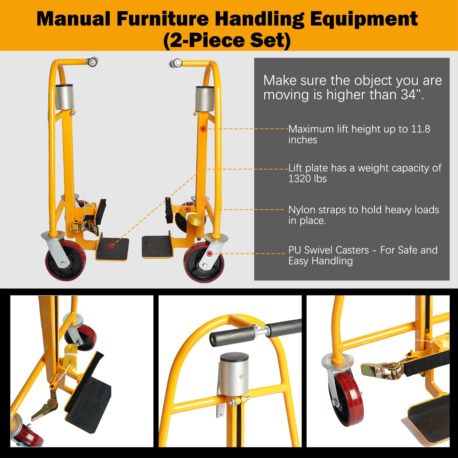 Manual Furniture Handling Equipment (2-Piece Set), Heavy Duty Cart, Aluminum, 1320 lb. Load Capacity, PU Swivel Casters - for Safe and Easy Handling, 12 Inch Lift Height, Mechanical Carrier