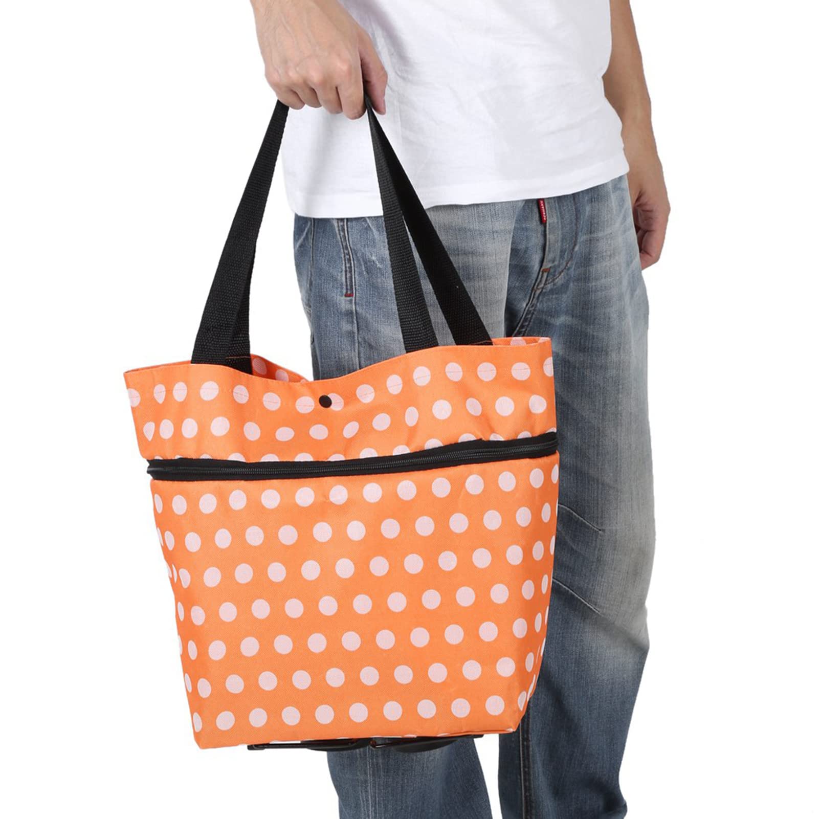 Oxford Cloth Material Foldable Dual Purpose Wheel Rolling Shopping Bag (Orange dots)