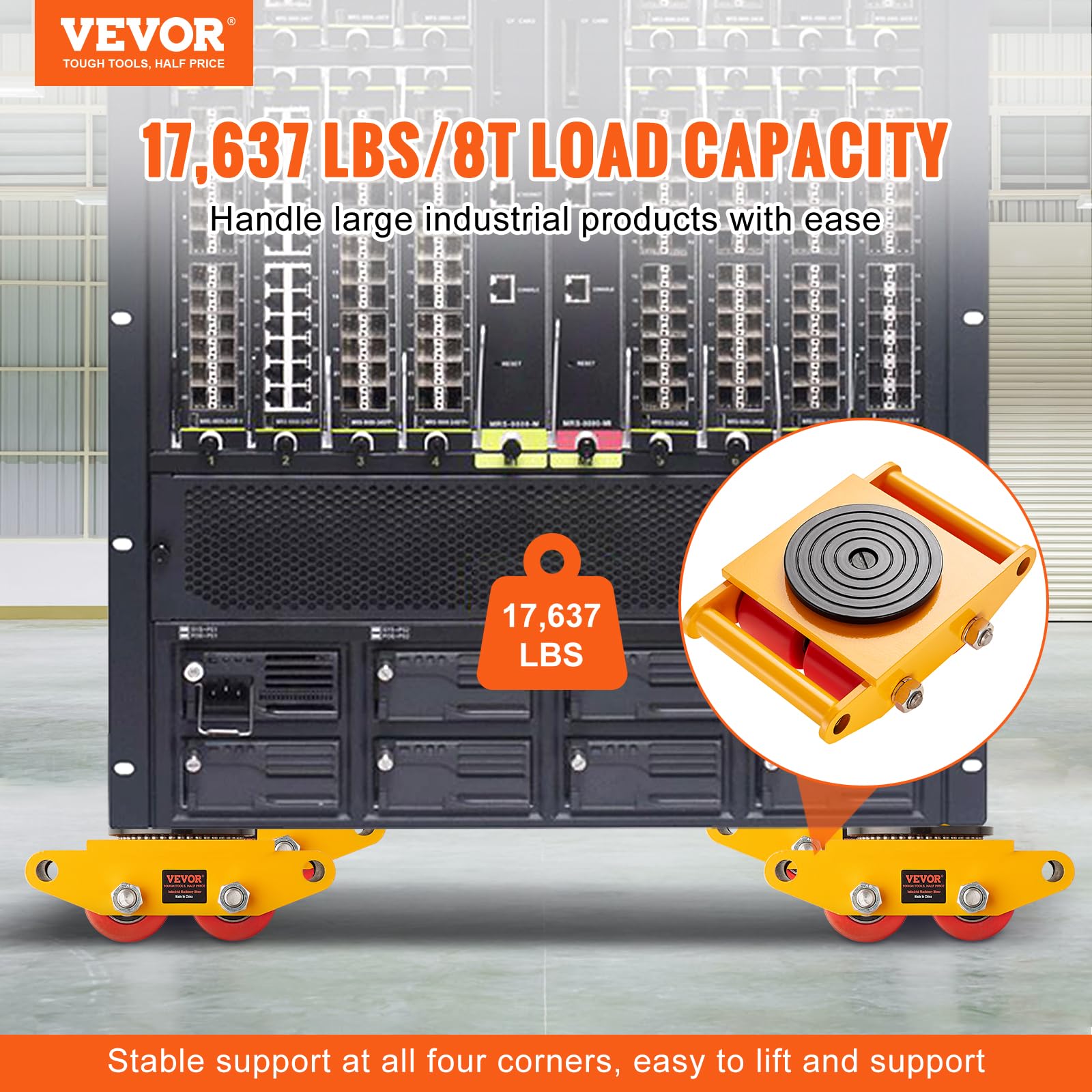 VEVOR Machinery Mover Skate Dolly Bundle - 8T 17637lbs Capacity Mover Skates and 3T 6600lbs Pry Lever Bar