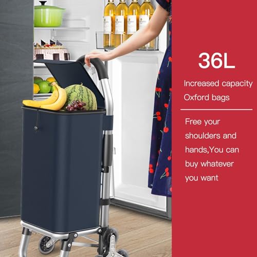 AHWEKR 2 in 1 Shopping Cart with Wheels climb The stairs 50kg Grocery Cart Portable Utility Cart, Foldable Hand Truck with Removable Waterproof Bag for shopping Moving, （Navy blue）