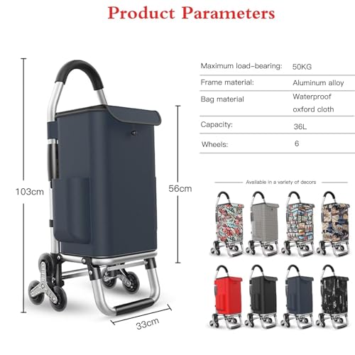 AHWEKR 2 in 1 Shopping Cart with Wheels climb The stairs 50kg Grocery Cart Portable Utility Cart, Foldable Hand Truck with Removable Waterproof Bag for shopping Moving, （Navy blue）