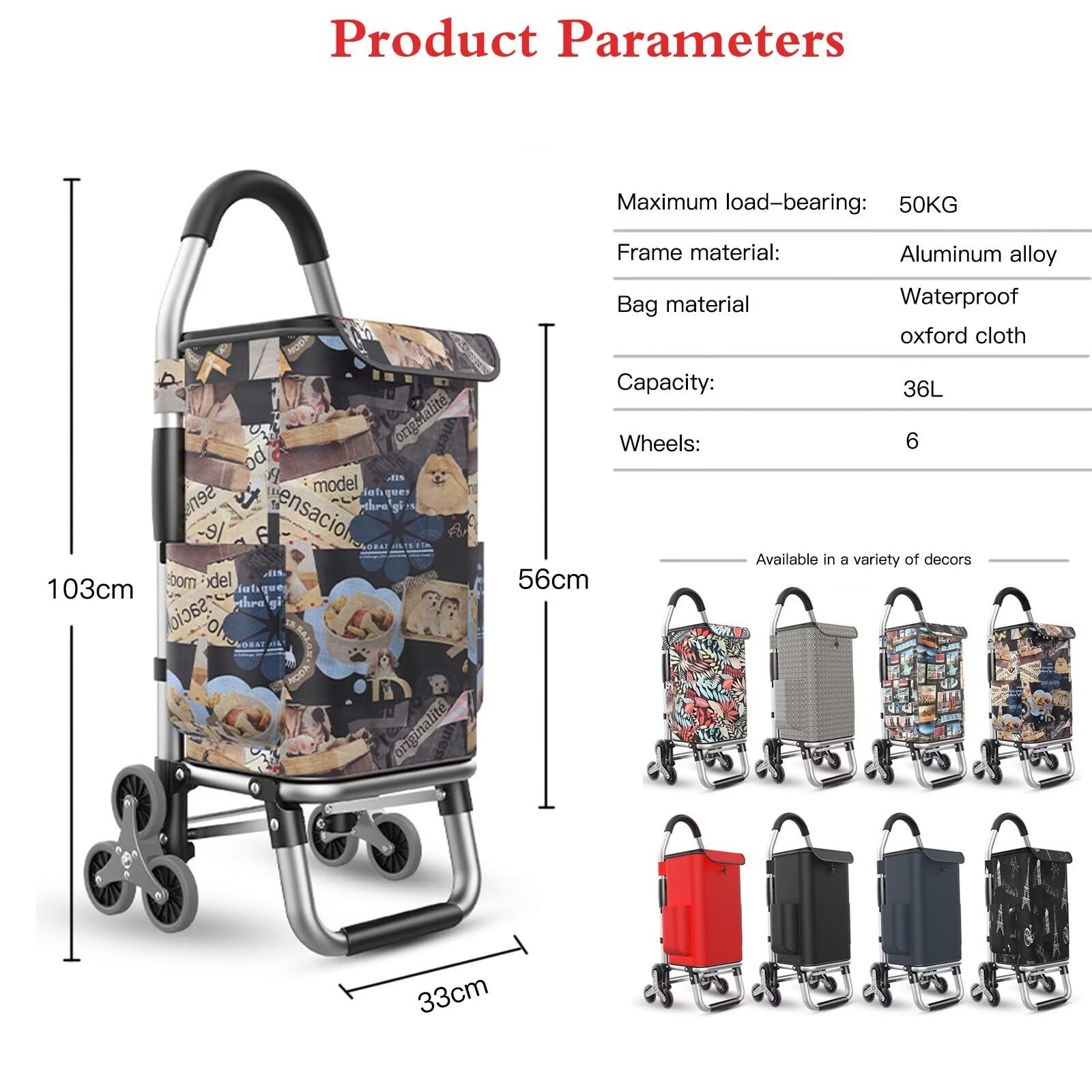 AHWEKR 2 in 1 Shopping Cart with Silent wheel climb The stairs 50kg Grocery Cart Portable Utility Cart, Foldable Hand Truck with Removable Waterproof Bag for shopping Moving（puppy）