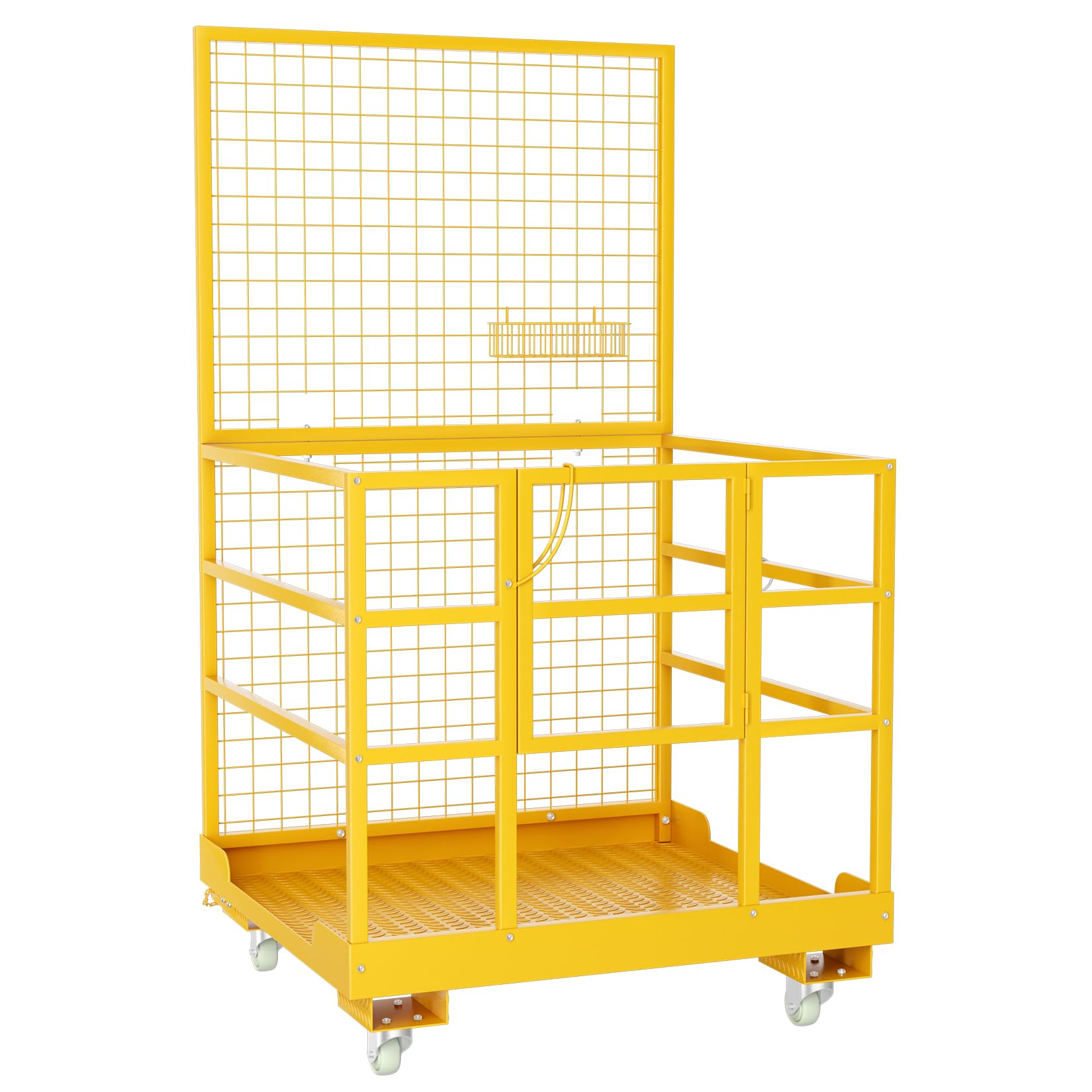 Forklift Safety Cage, 43"x45" Forklift Man Basket, 1400lbs Capacity Forklift Work Platform with Safety Harness&Lock, Drain Hole&Wheels, Collapsible Lift Basket Aerial Platform for Lifting Loader