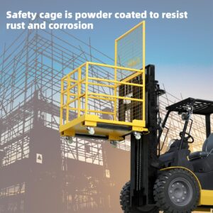 Forklift Safety Cage, 43"x45" Forklift Man Basket, 1400lbs Capacity Forklift Work Platform with Safety Harness&Lock, Drain Hole&Wheels, Collapsible Lift Basket Aerial Platform for Lifting Loader