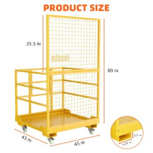 Forklift Safety Cage, 43"x45" Forklift Man Basket, 1400lbs Capacity Forklift Work Platform with Safety Harness&Lock, Drain Hole&Wheels, Collapsible Lift Basket Aerial Platform for Lifting Loader